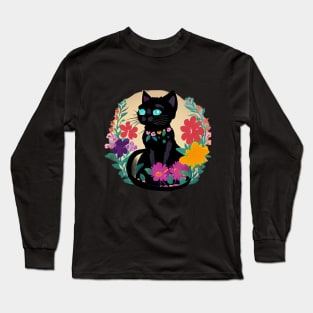 black cat floral design Long Sleeve T-Shirt